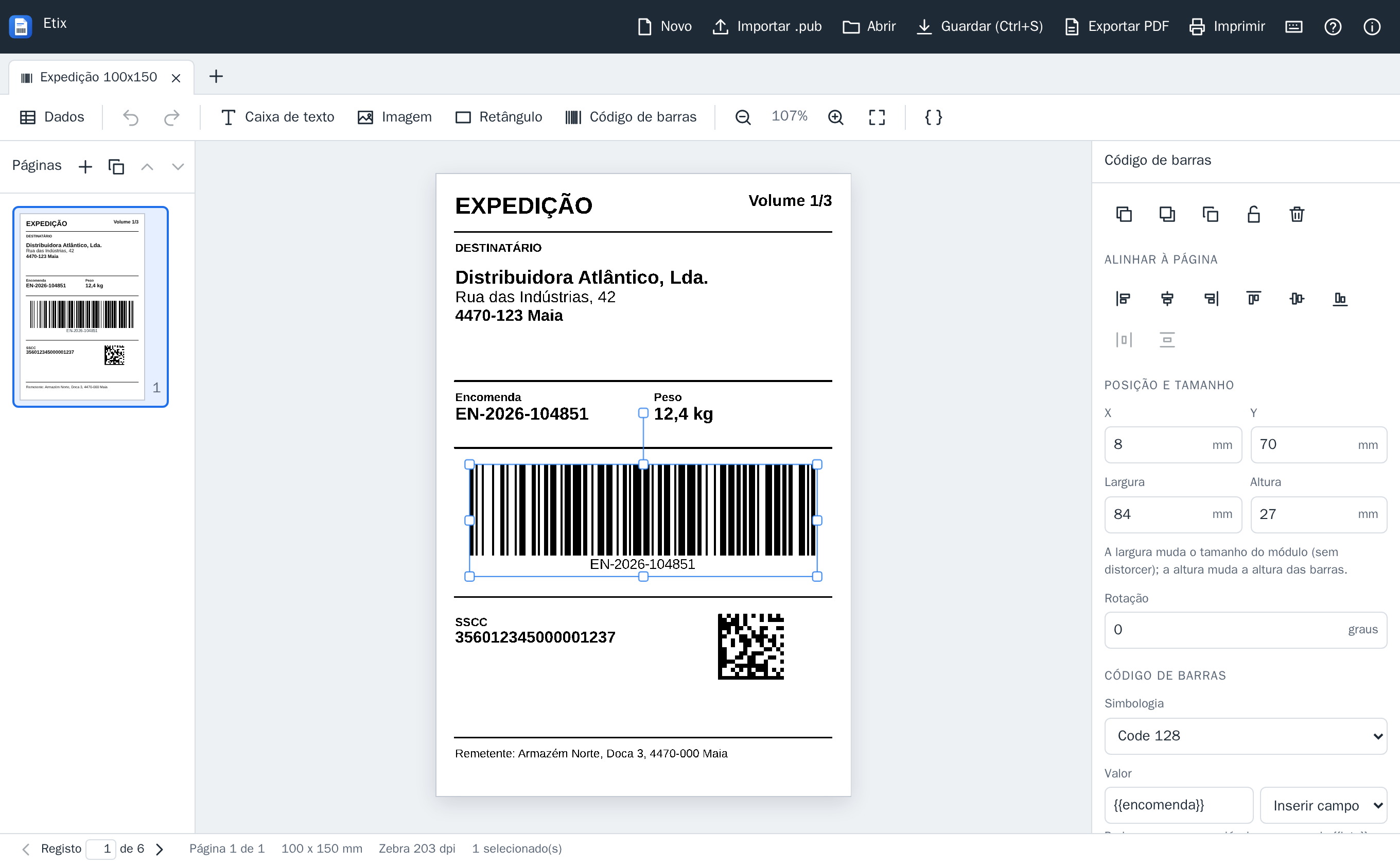 Editor do Etix com a etiqueta de expedição aberta e o código de barras selecionado.