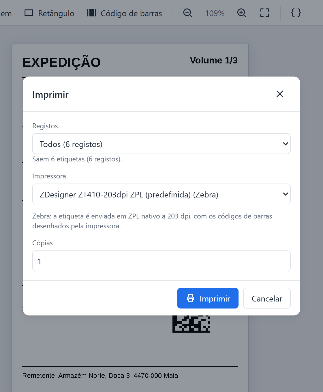 Janela Imprimir do Etix com os 6 registos de expedição, uma Zebra escolhida e o envio em ZPL nativo a 203 dpi.